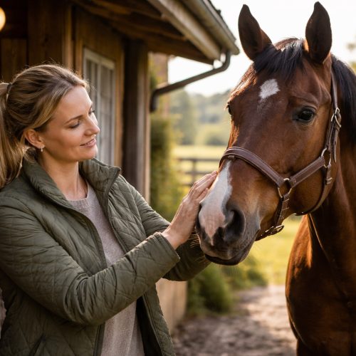 Kvinna tillsammans med häst i stallmiljö i Skåne som visar relation, engagemang och långsiktigt arbete inför 2026.